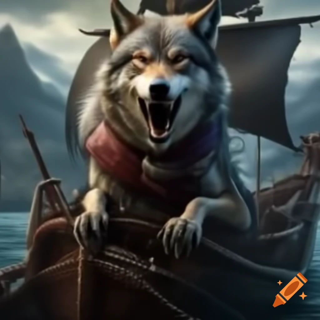 Wolf howling on pirate boat
