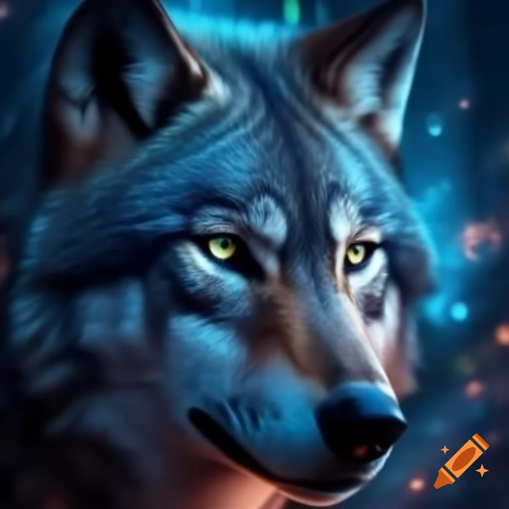 Majestic wolf with dense coat in snowy forest under starry sky