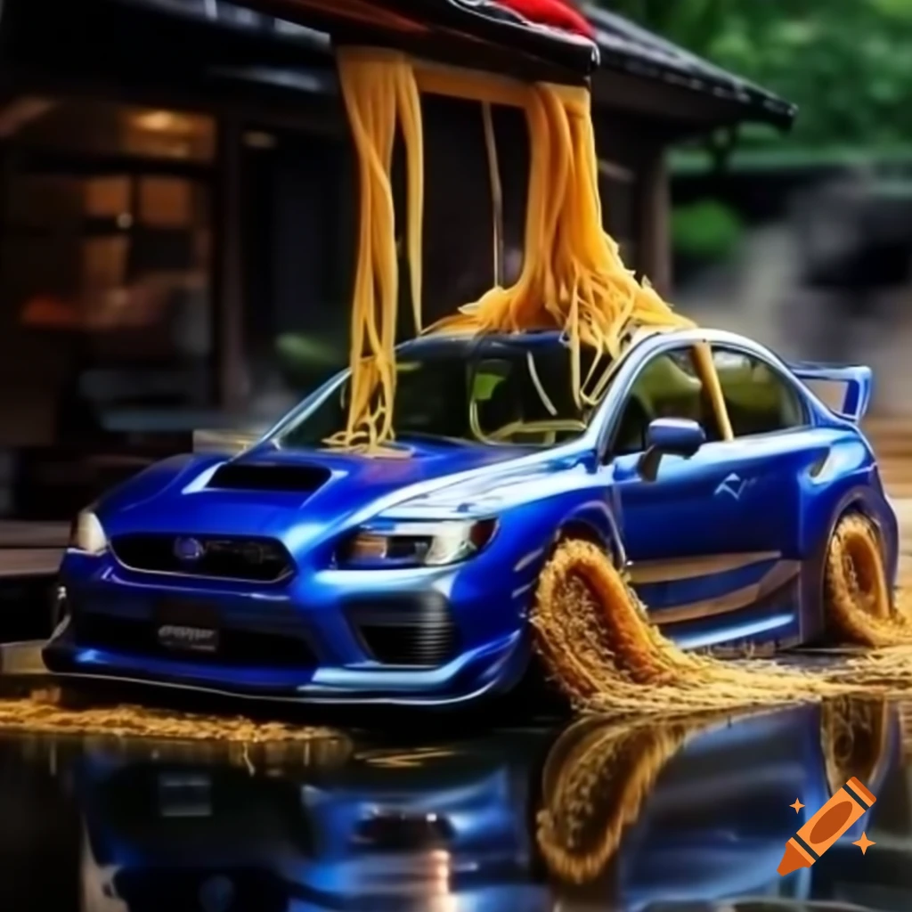 Photo-realistic ramen noodles beside Subaru WRX