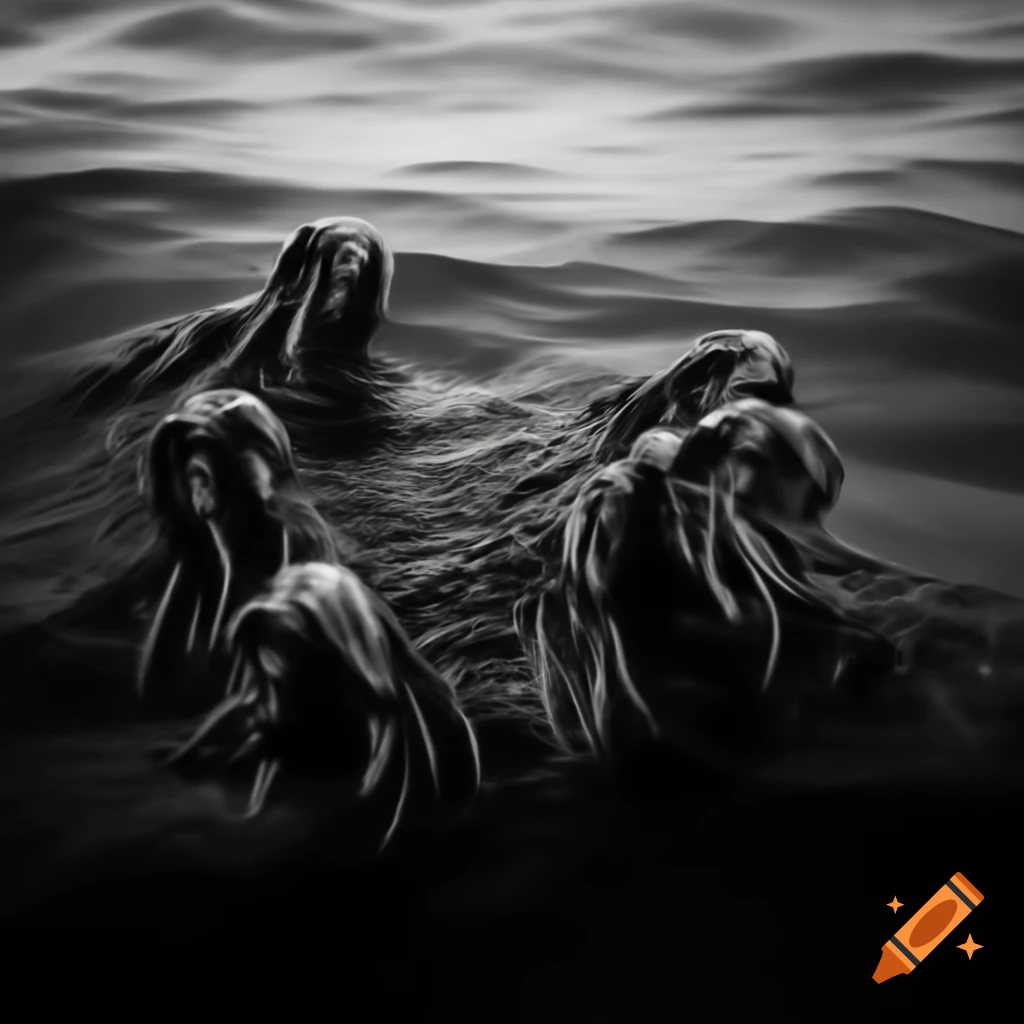 Black and white depiction of a sea of demons