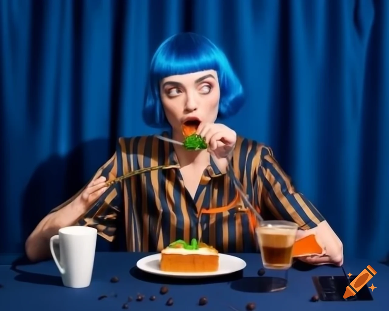Woman with blue hair enjoying carrot cake and coffee on craiyon