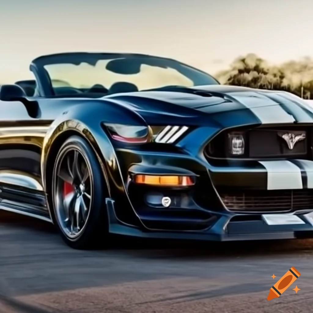 Black Mustang convertible with white racing stripes