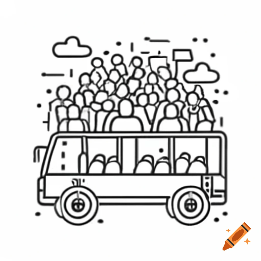 Black and white drawing of a bus with crowd waiting to board