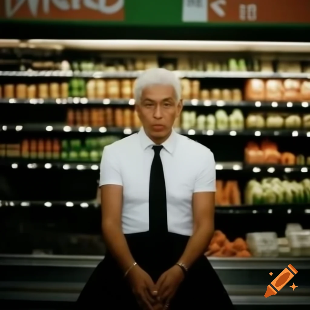 Man in black jeans and white t-shirt with black tie posing in grocery store
