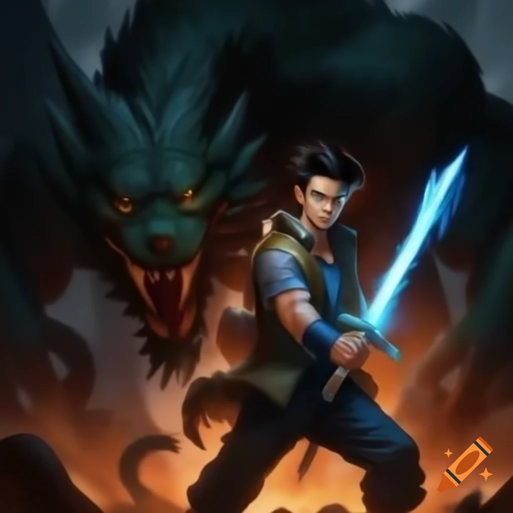 Confident man wielding two glowing swords in dark surroundings