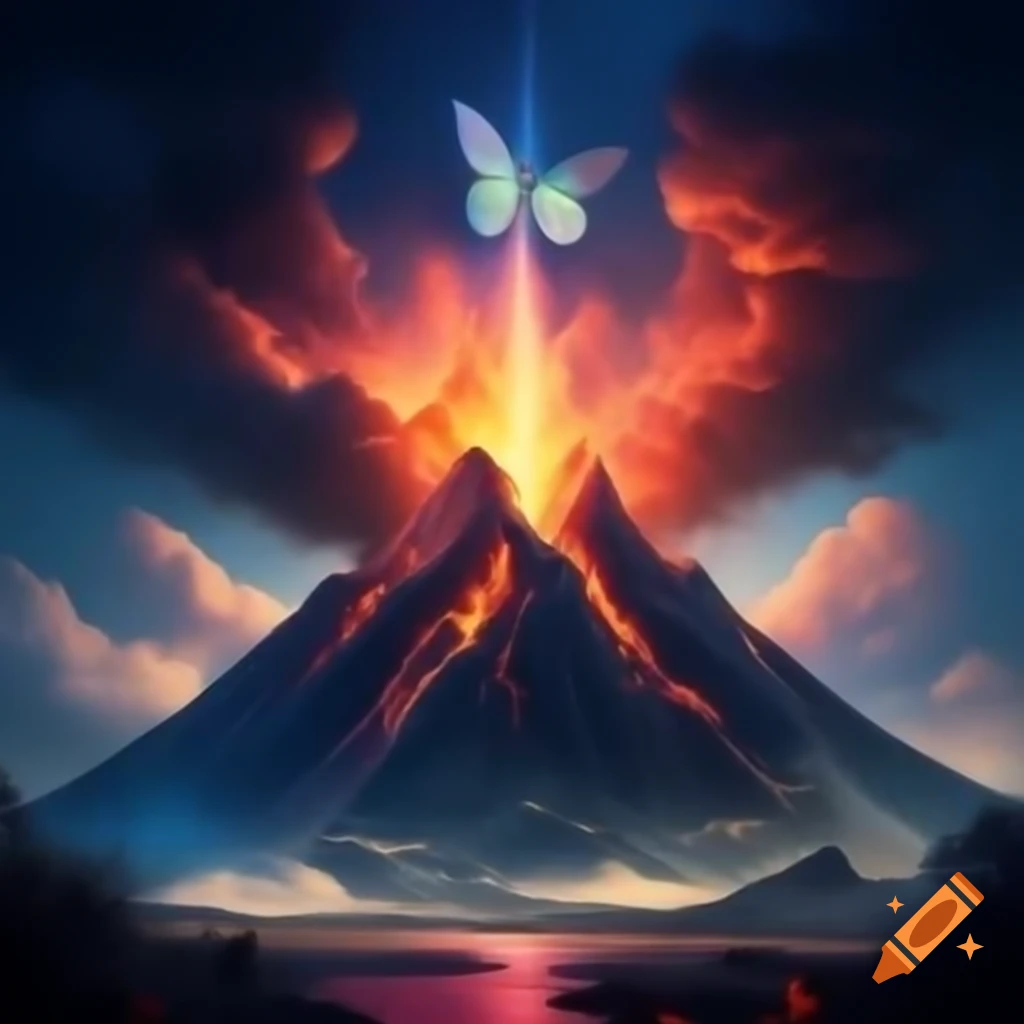 Volcano with butterfly, vibrant contrast