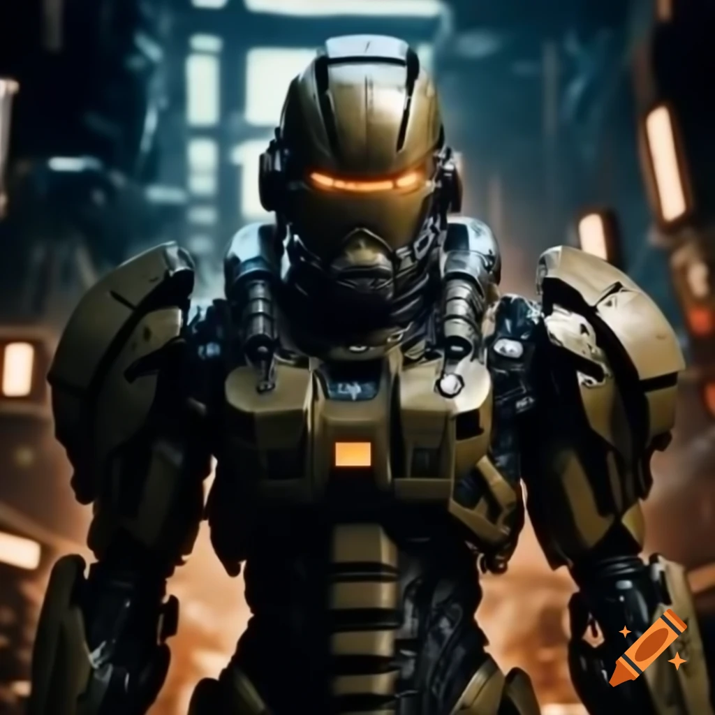 Cyborg warrior on high-tech battlefield