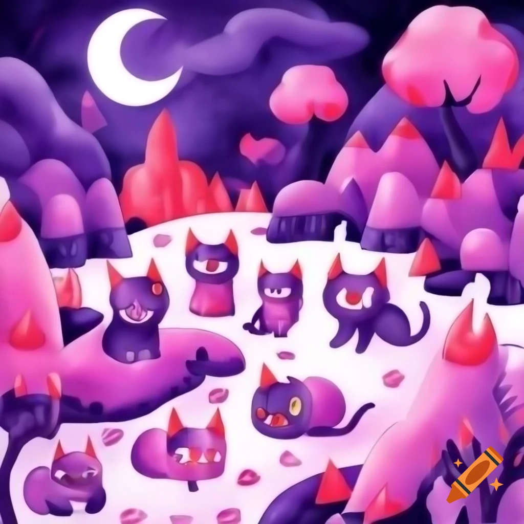 Cute devil horned kittens in colorful hell scenery, anime cartoon style