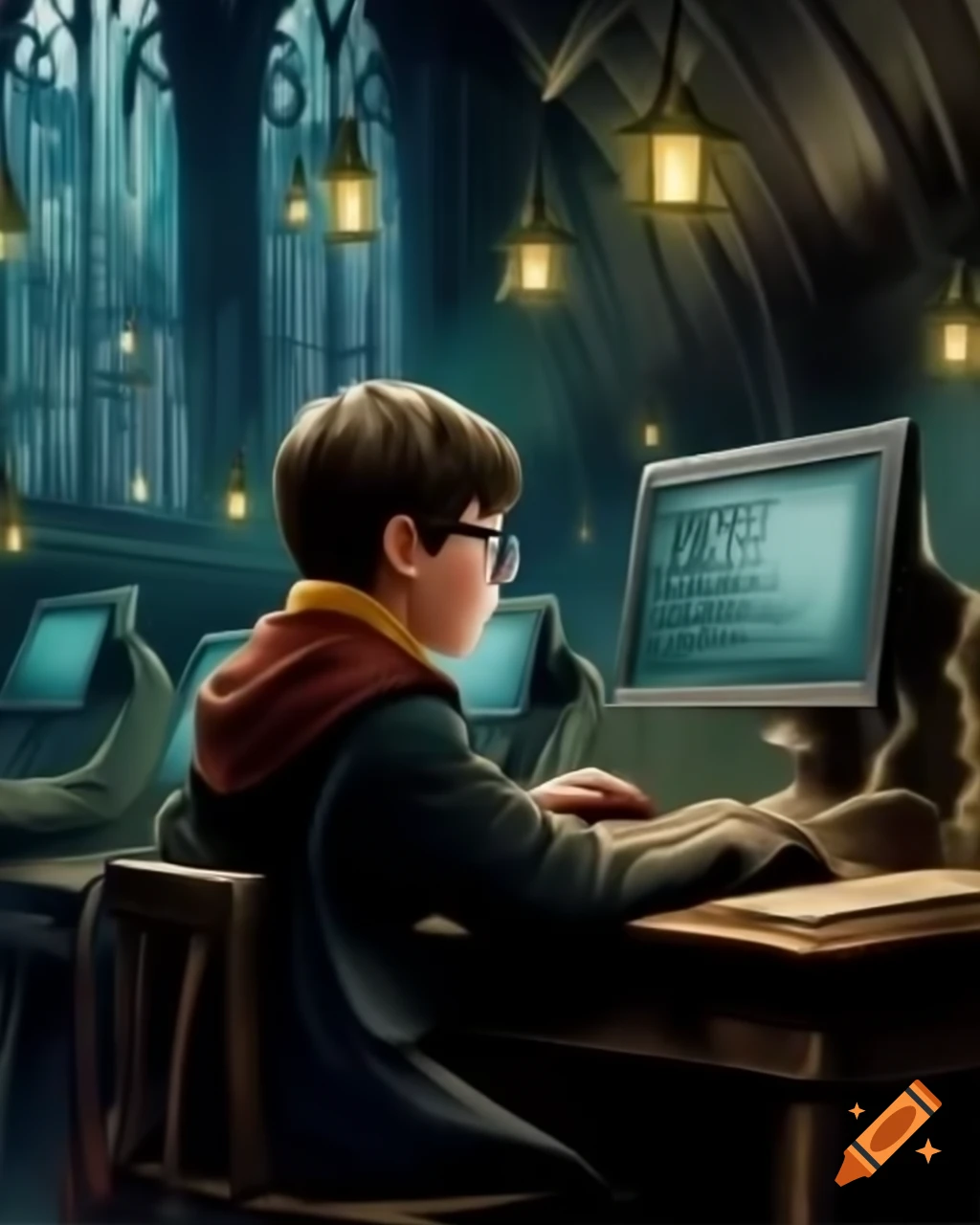 Students in Hogwarts programming classroom working on computers, fantasy style
