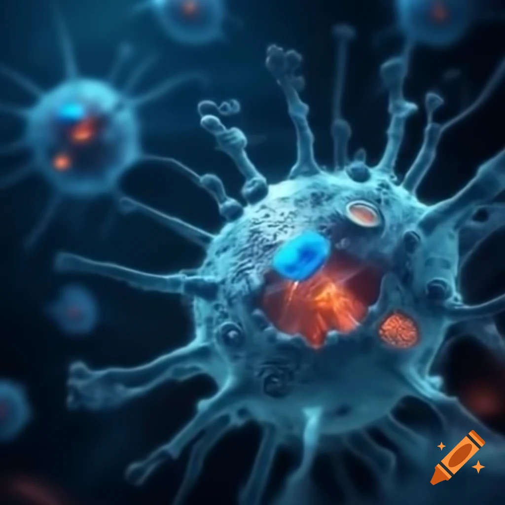 Illustration of collapsing cancer cells with visual effects of cracks and smoke