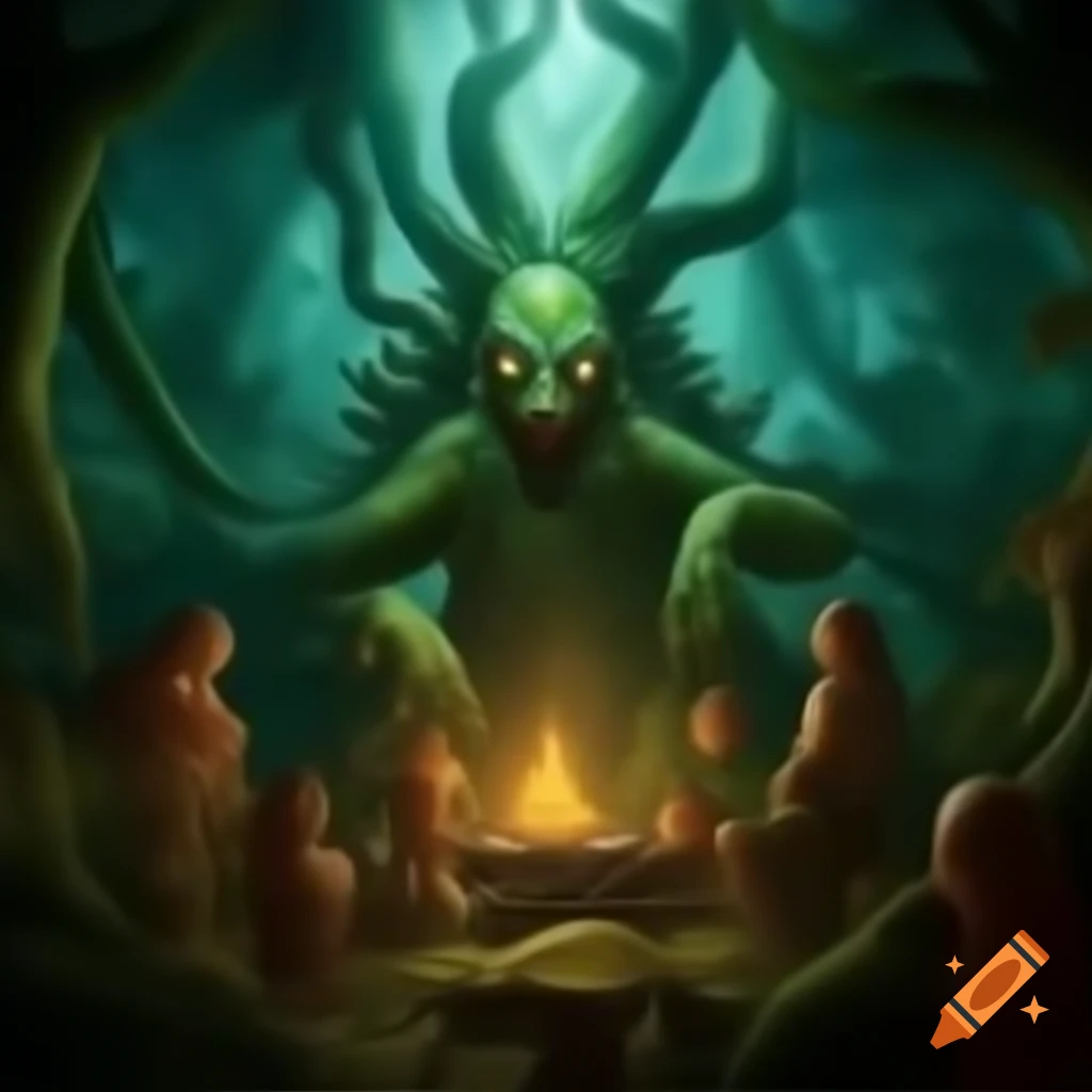 Psychedelic jungle art featuring tribe performing ritual