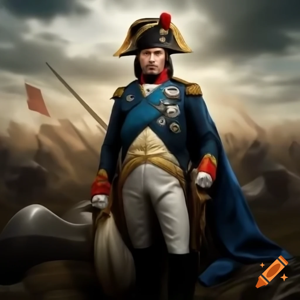 Emperor Napoleon on battlefield with contemporary soldier figure