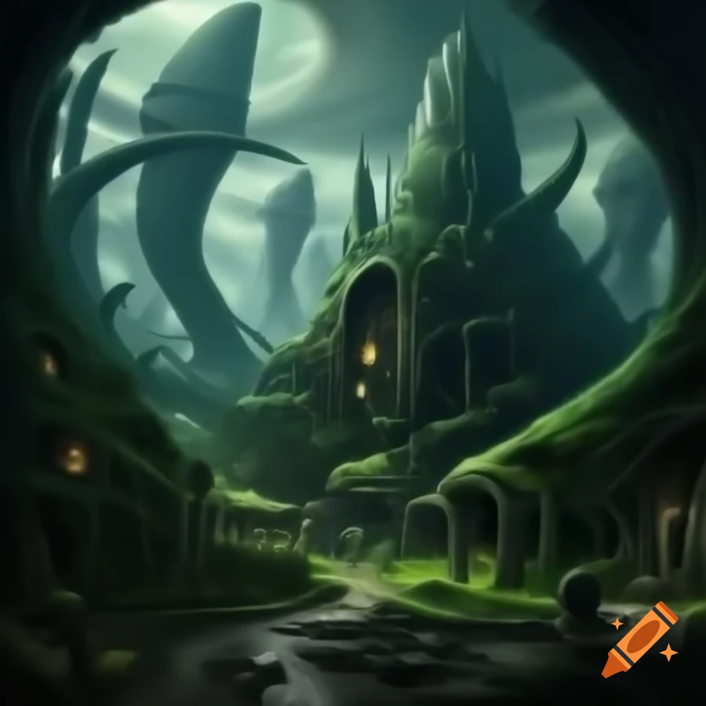 Hyperdetailed village among alien ruins
