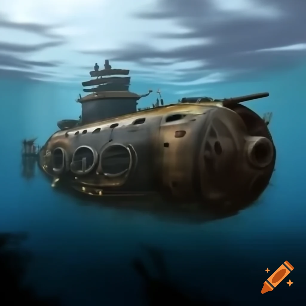 Steampunk submarine submerged underwater with a rusty appearance