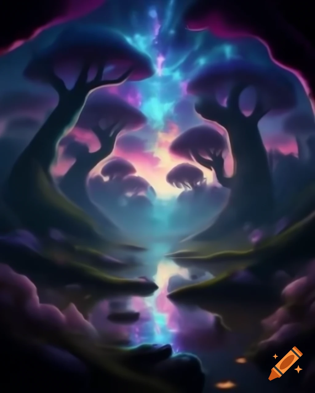 Enchanted mystical forest with tall trees and mythical creatures