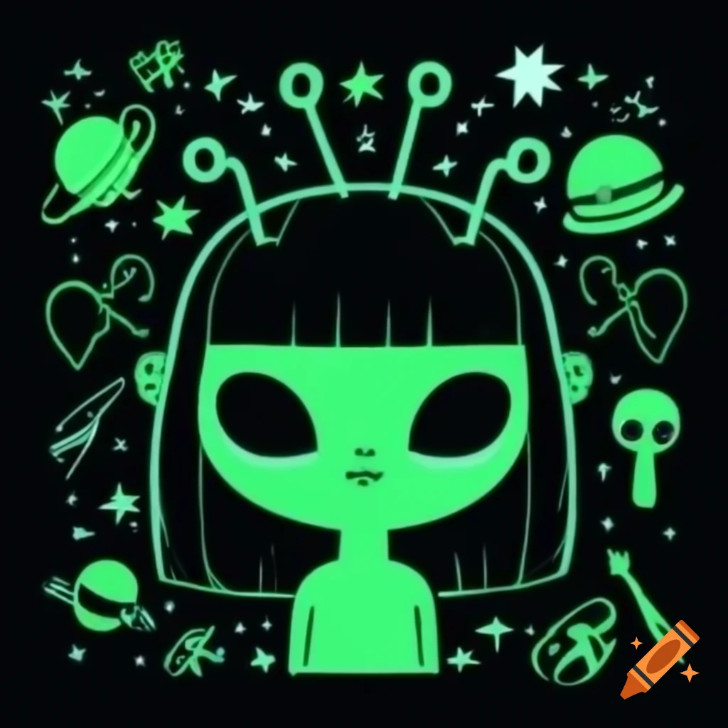 Emo-inspired design featuring cute neon green female alien head with black hair and antennas