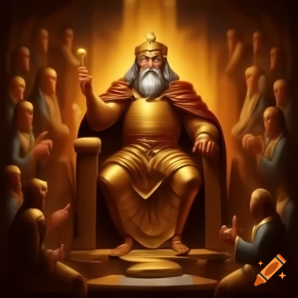 Gilgamesh, king of Uruk, depicted as a harsh ruler with praying citizens