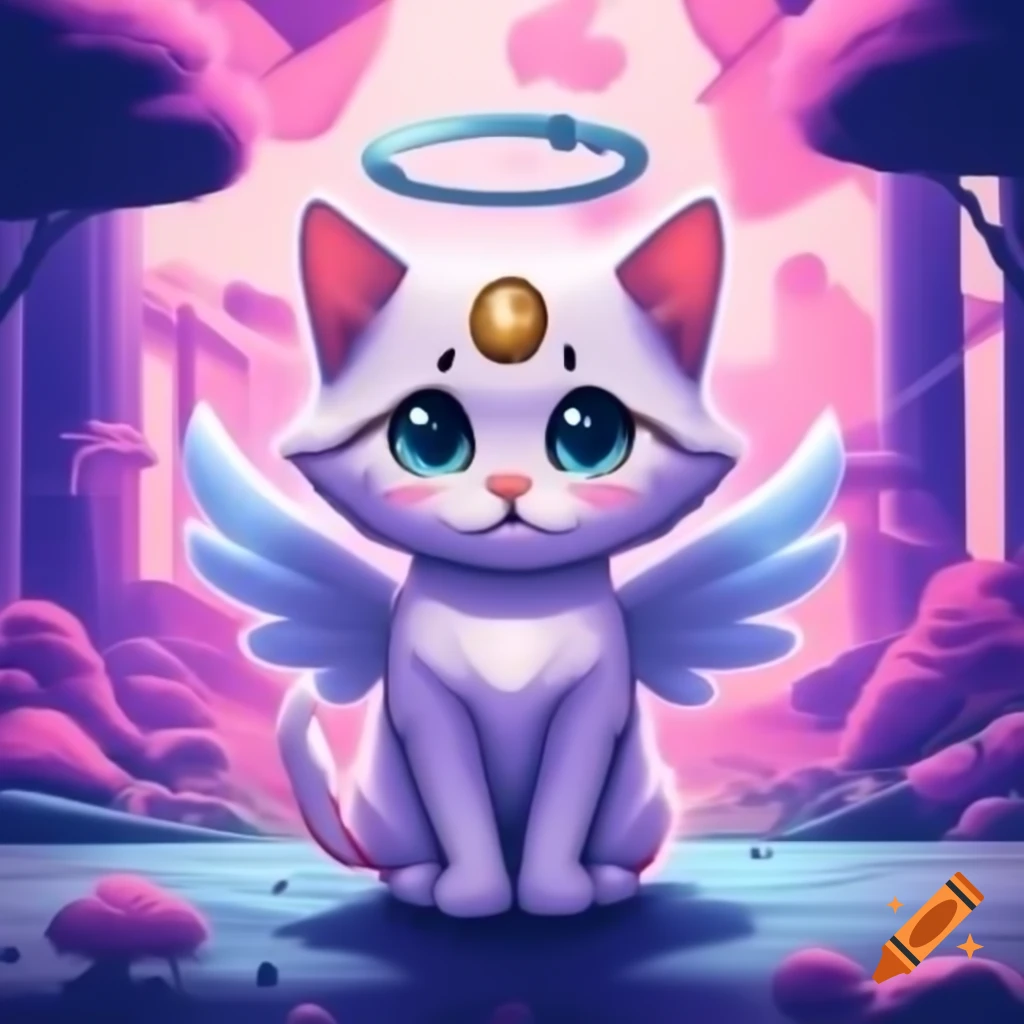 Cute angel kitten in anime style in pink and purple themed heaven