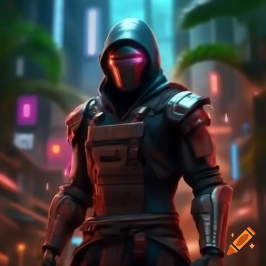 Cyborg ninja warrior in futuristic urban jungle with vibrant reds and purples