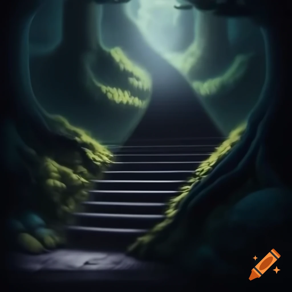 Dark cross stitch artwork of an empty staircase in the woods