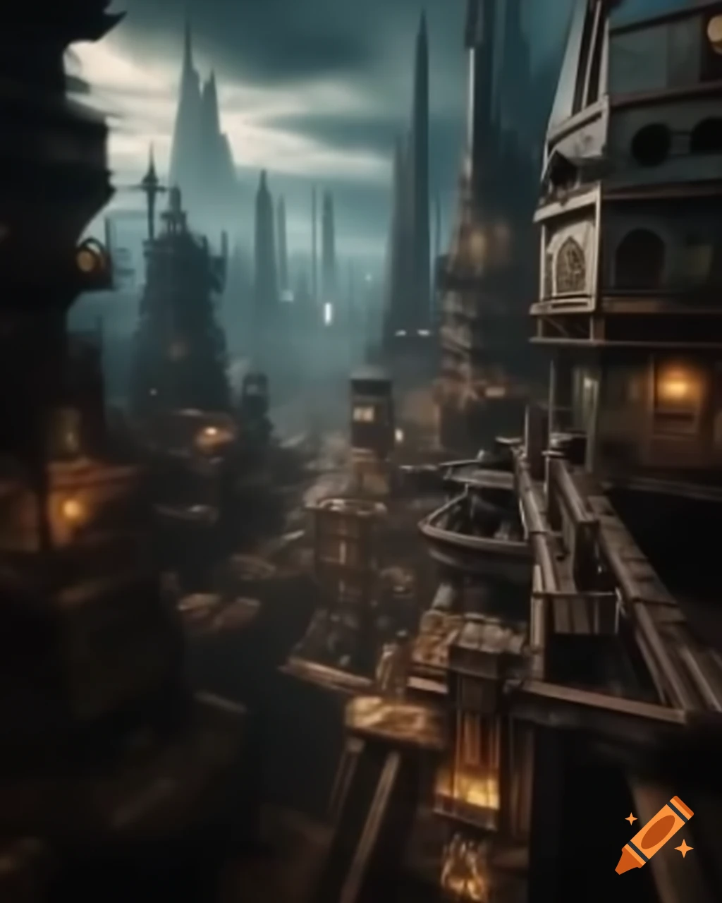 Grand cityscape with rusted skyscrapers and intricate clockwork machines