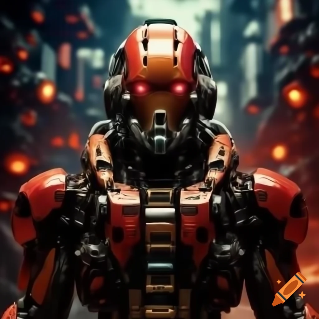 Cyborg warrior in high-tech battlefield with vibrant red and orange colors