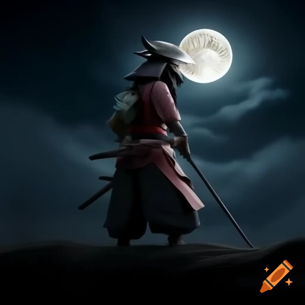 Samurai holding katana under moonlight