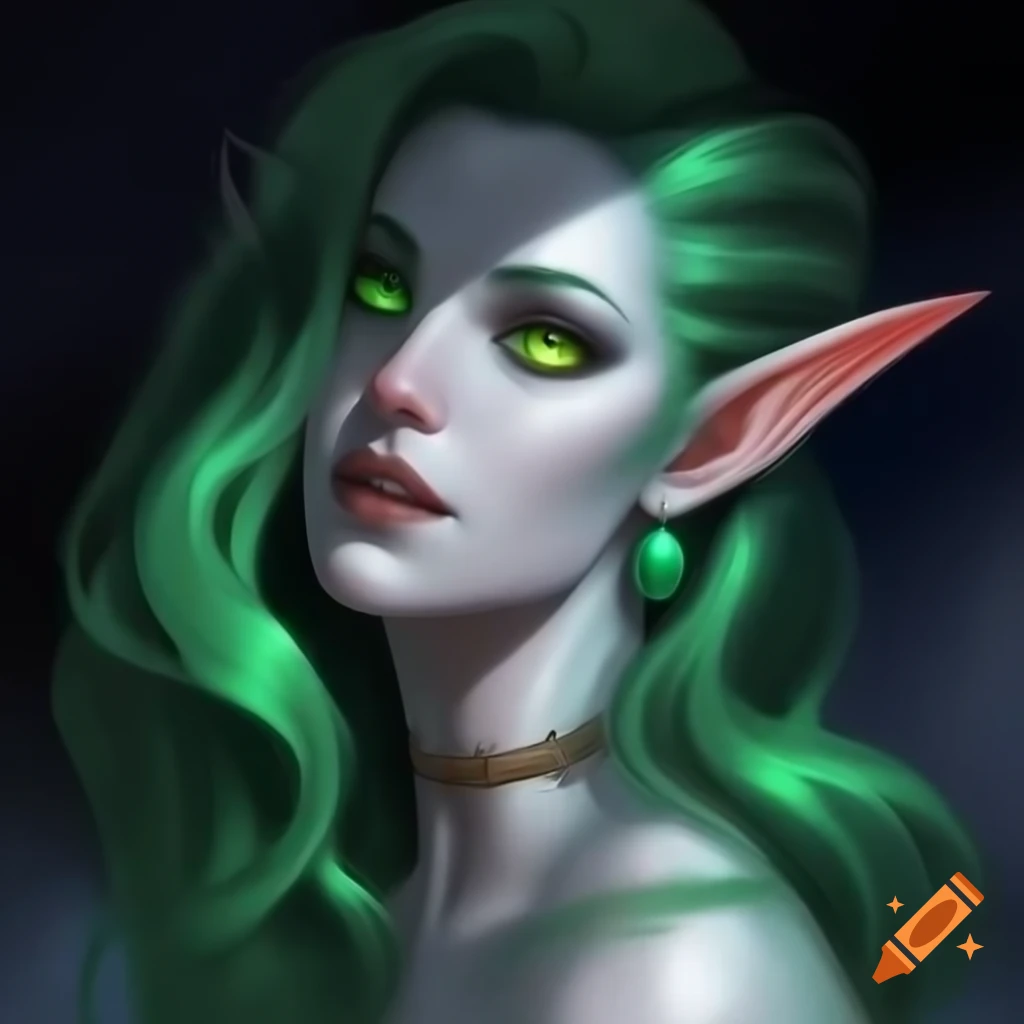 Female sea elf with long blackish-green hair and glowing green eyes, wearing flowy harem pants