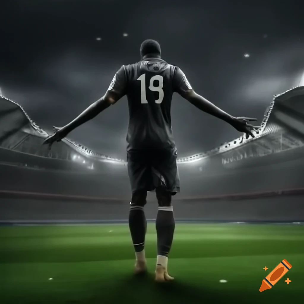 Black man in slightly dirty white football jersey and socks, standing confidently