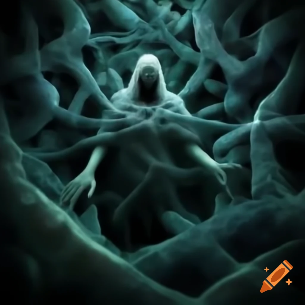 Illustration of tumor formation with dark cells and cMYC figure wielding a glowing staff