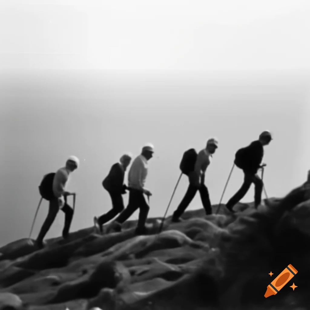 Elderly male hikers walking along cliff edge by the sea