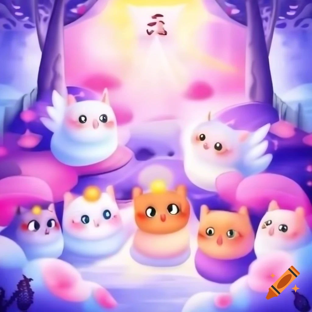 Group of cute angel kittens with wings and halos in pink and purple heaven, anime style