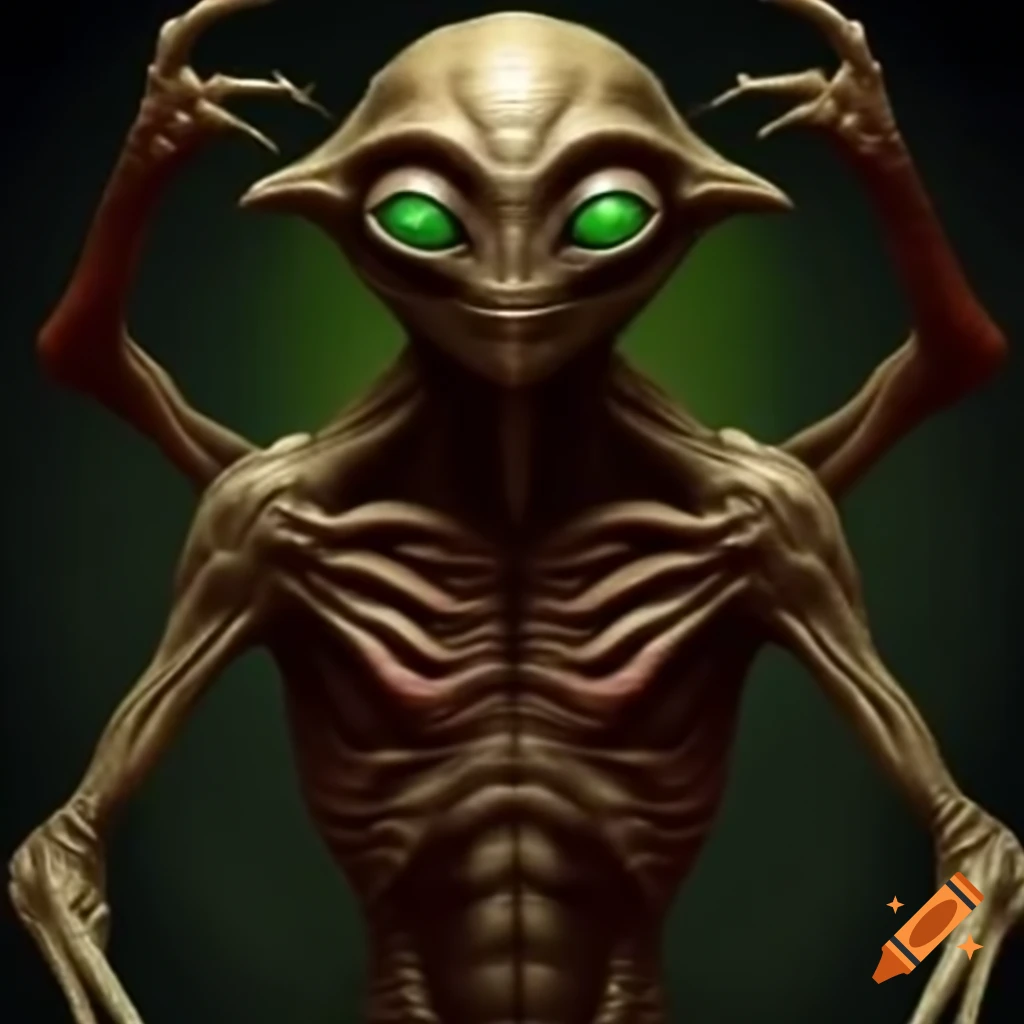 Tall muscular alien with four arms and green eyes, red color