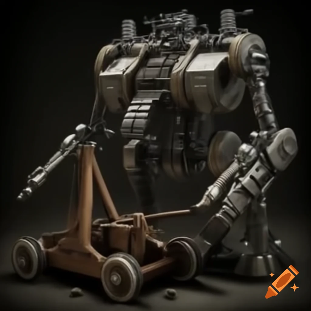 Electronic machine and wooden catapult in a battle scene