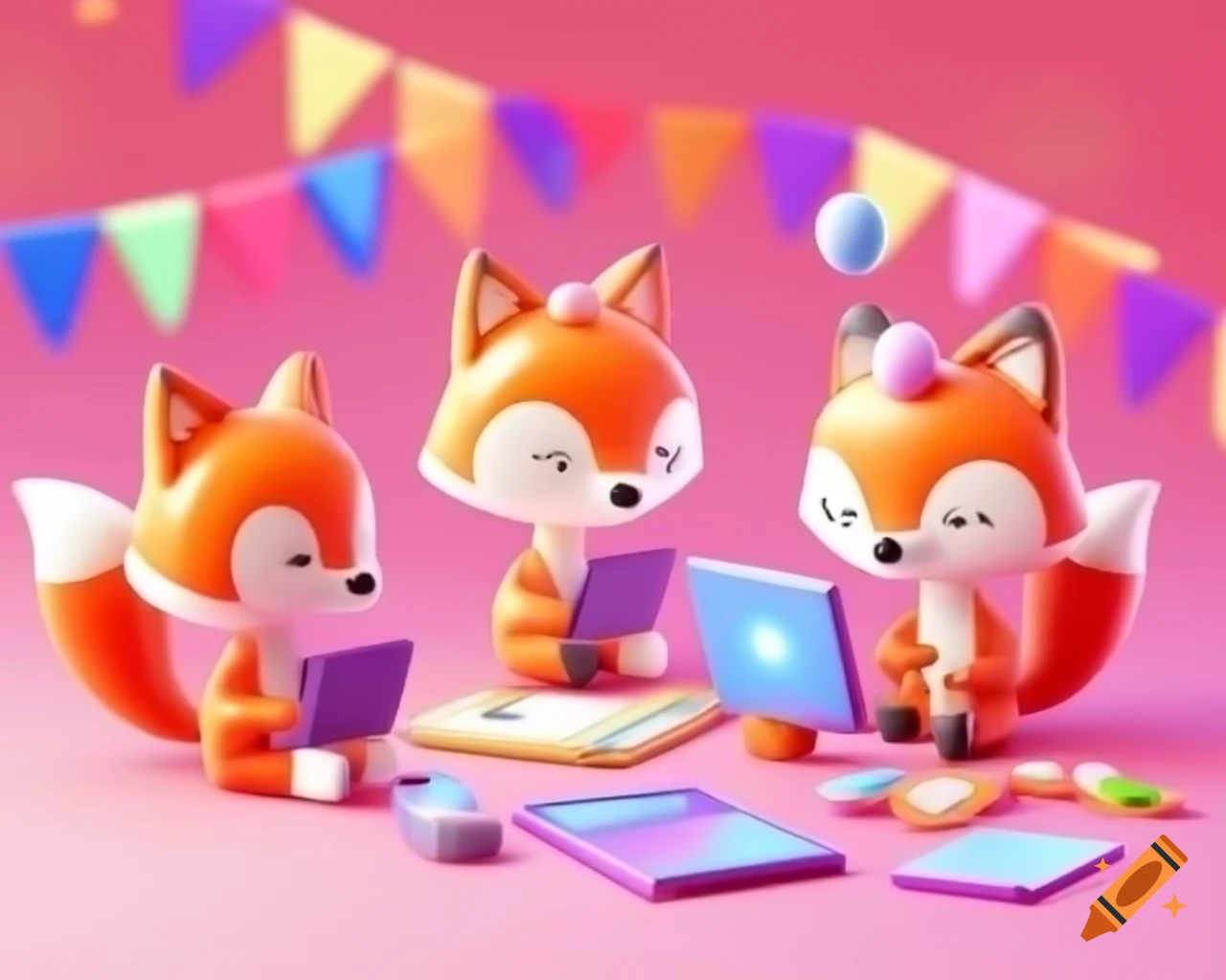 Kawaii illustration of foxes at a party using laptops and smartphones in Disney Pixar style