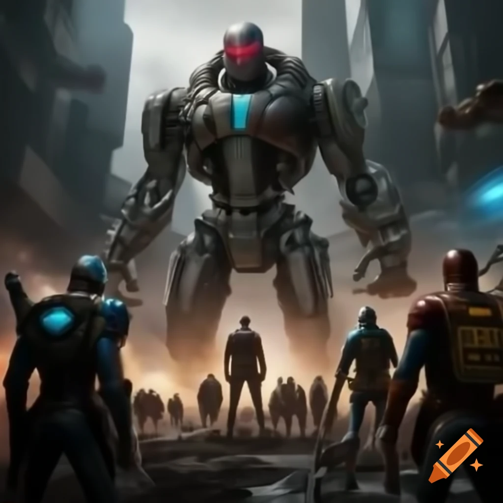 Cyberpunk superheroes battling giant robotic spider in post-apocalyptic city