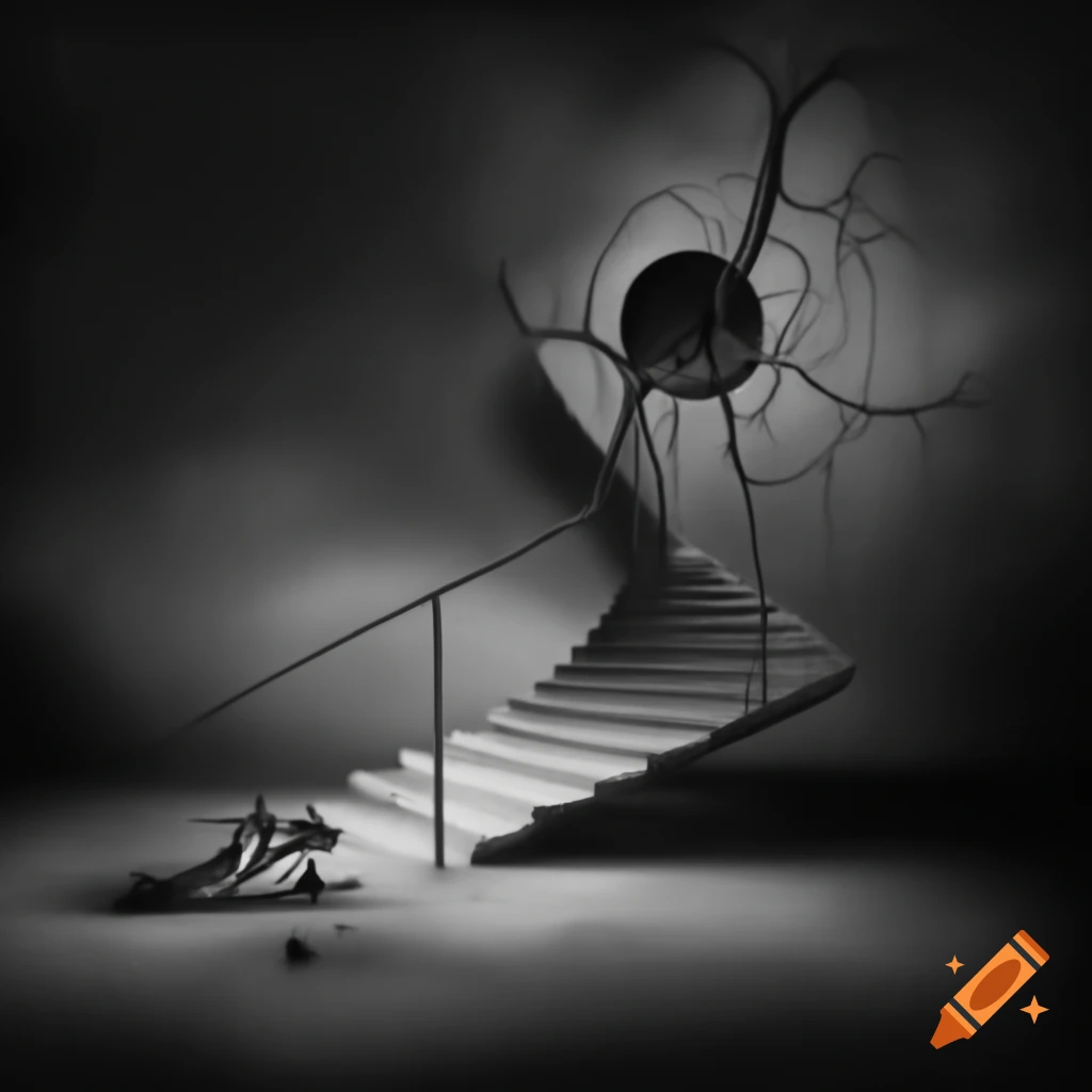 Surrealist monochrome artwork featuring abstract elements