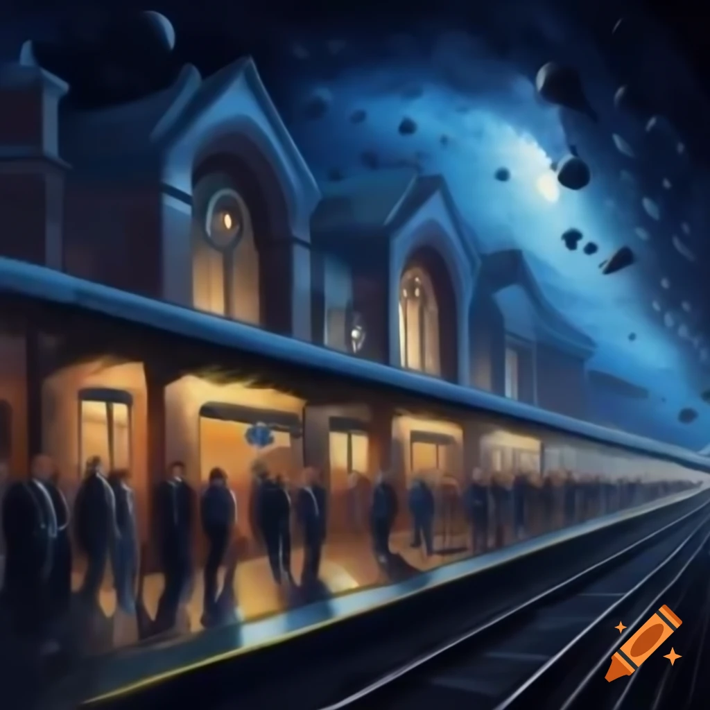 Fresco painting of crowded train station in asteroid belt during twilight