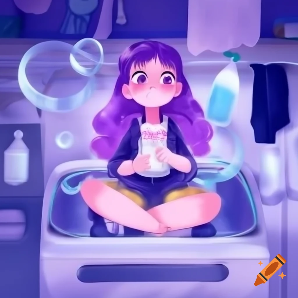 Anime girl with purple hair sitting on laundry machine with soap