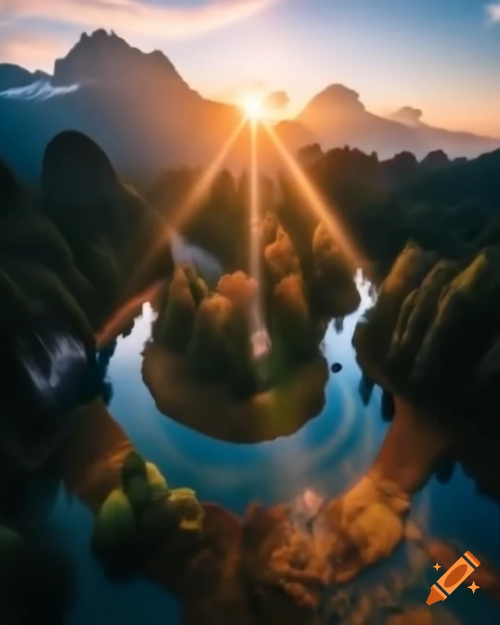 Legendary mountain lake shining in wilderness with high peaks