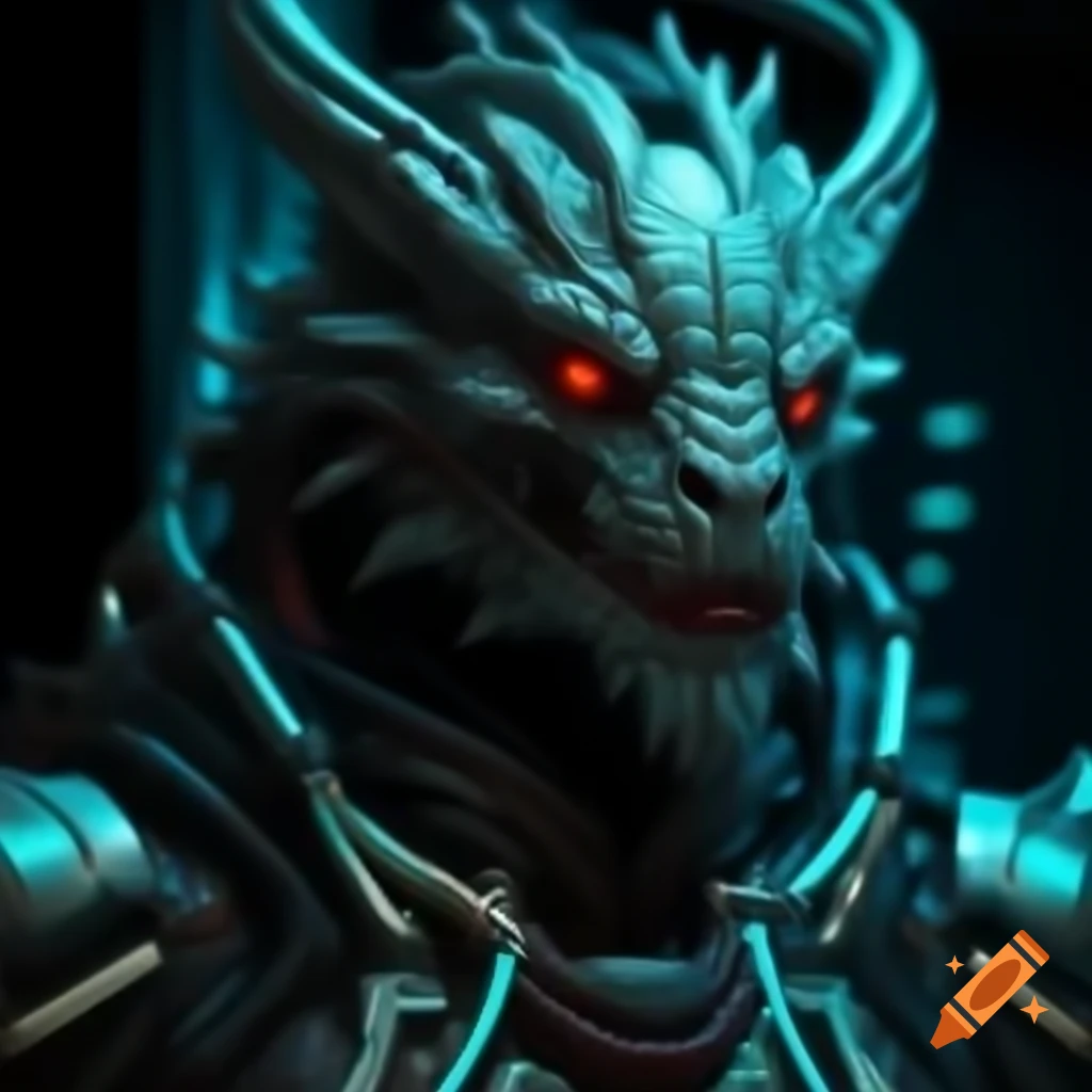 Cyberpunk mythical creature featuring neon lighting and holographic technology