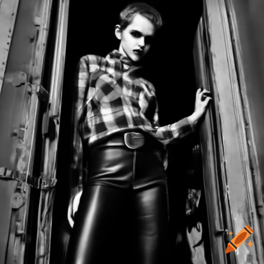 Punk-rocker with mohawk hairstyle in country plaid shirt and high-waist leather trousers