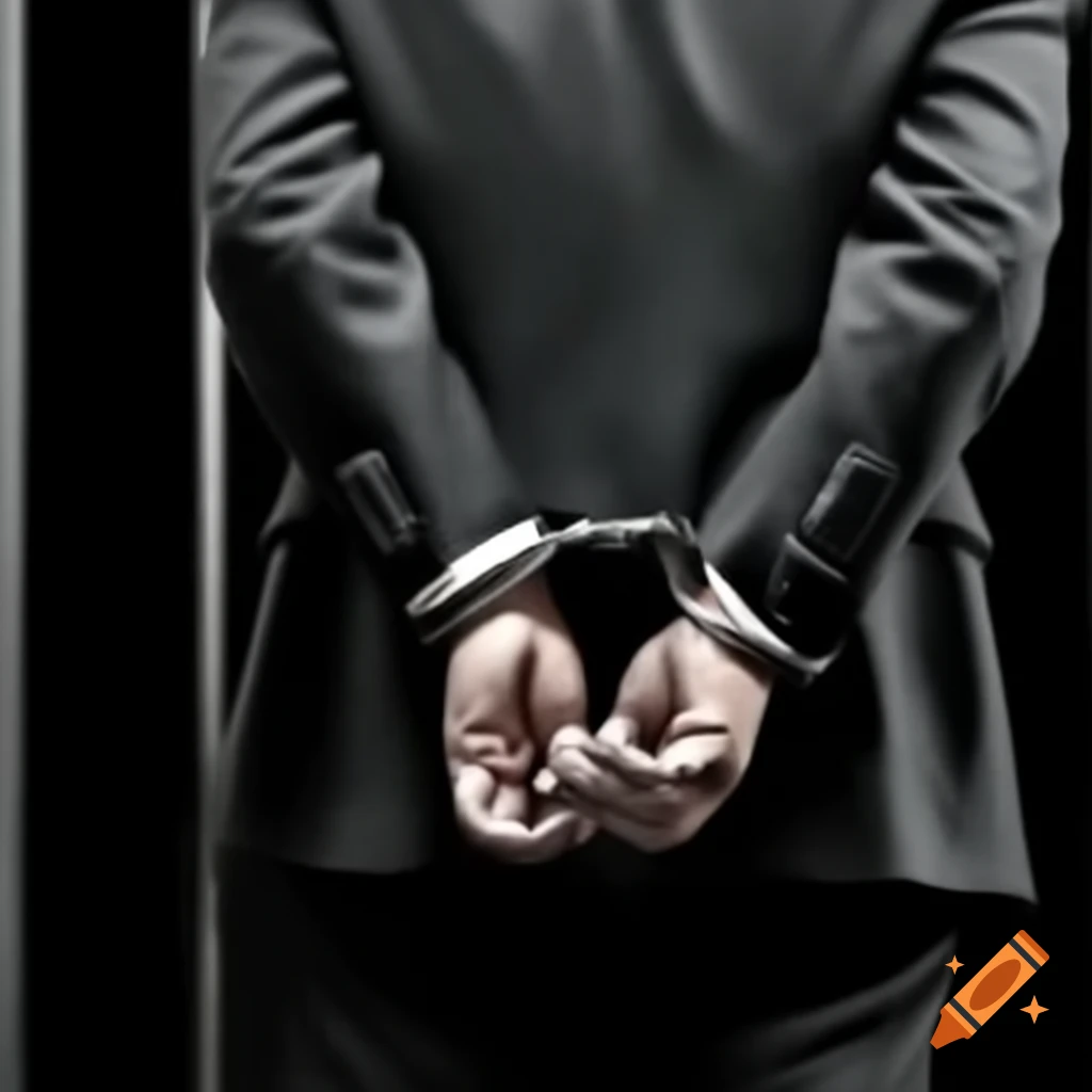 Businessman in handcuffs looking down, captured in reportage style