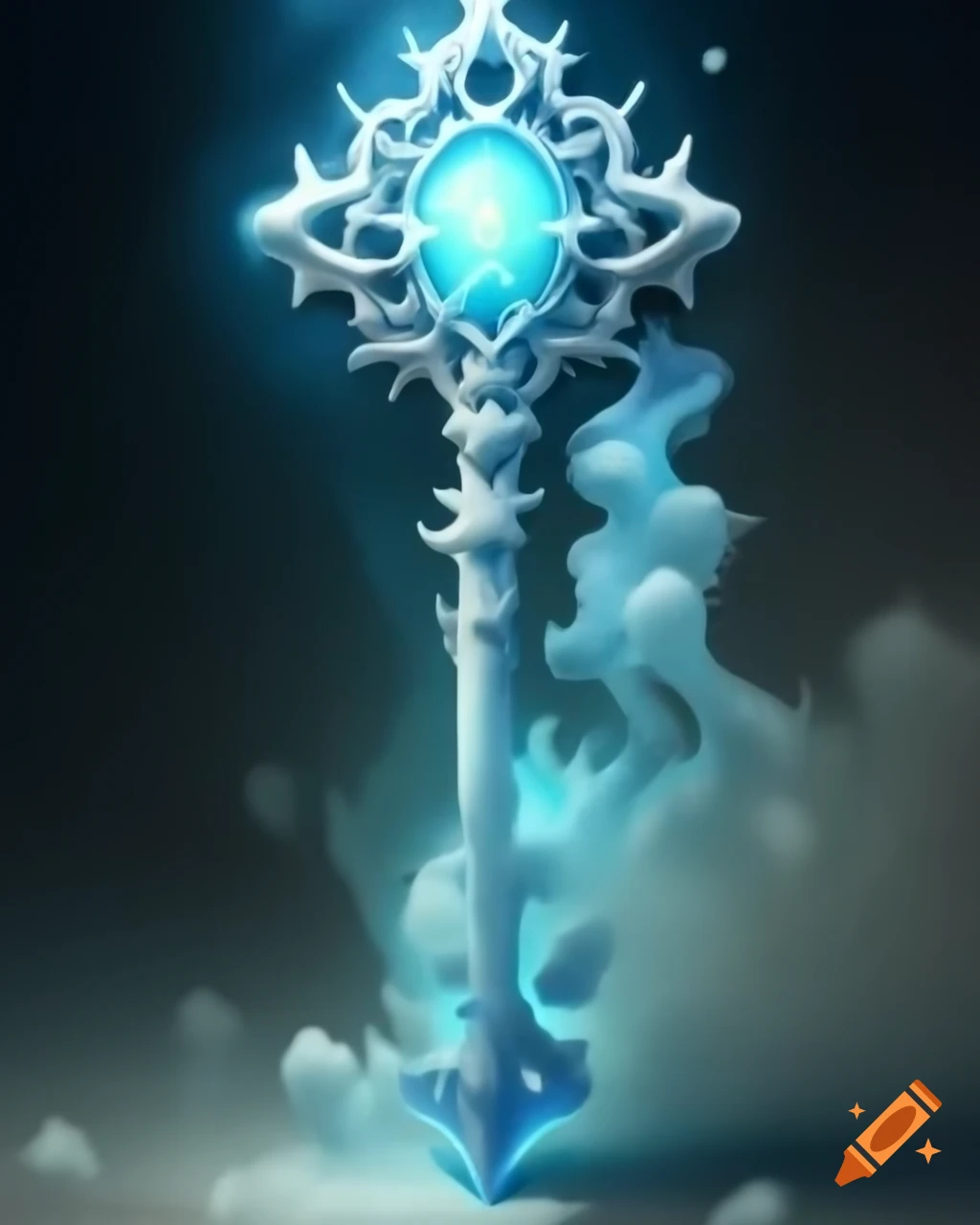 Intricate magical key with icy frost style and glowing cyan aura