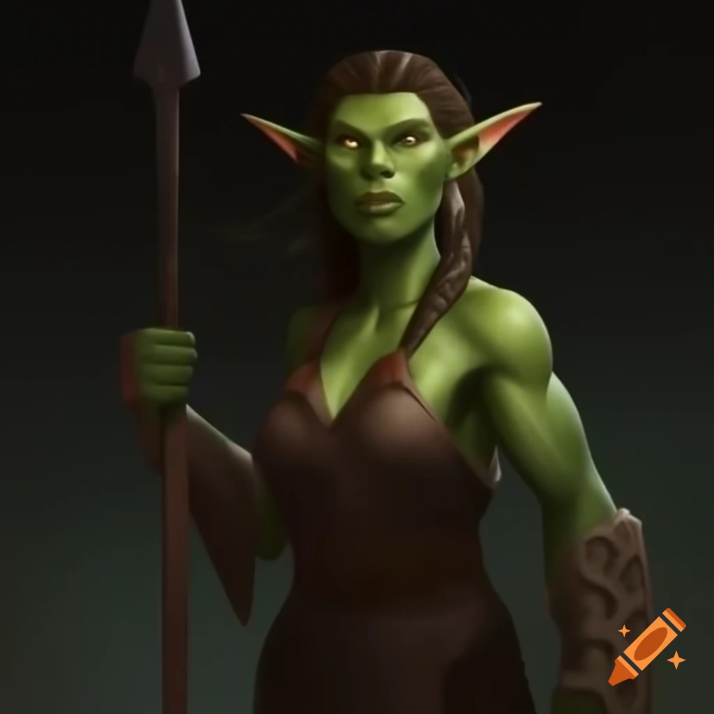 Half-orc female monk with green skin and braided brown hair wielding a tideforge spear