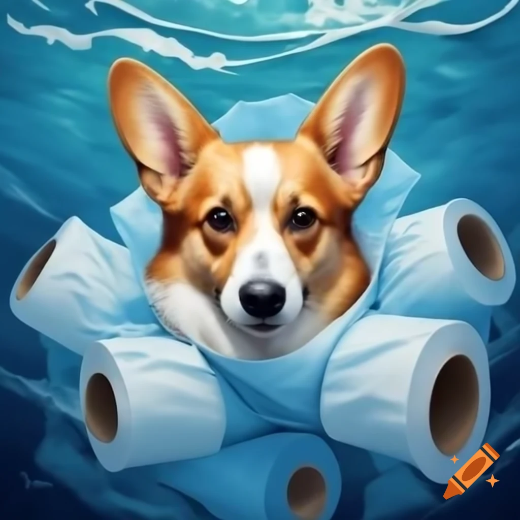 Corgi dog playfully surrounded by ocean of toilet paper rolls