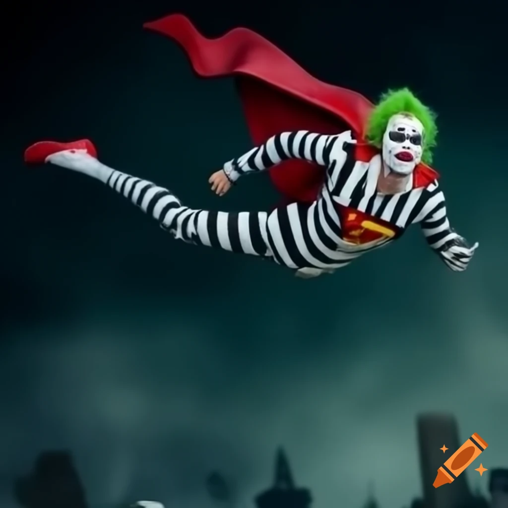 Beetlejuice character flying in Superman pose