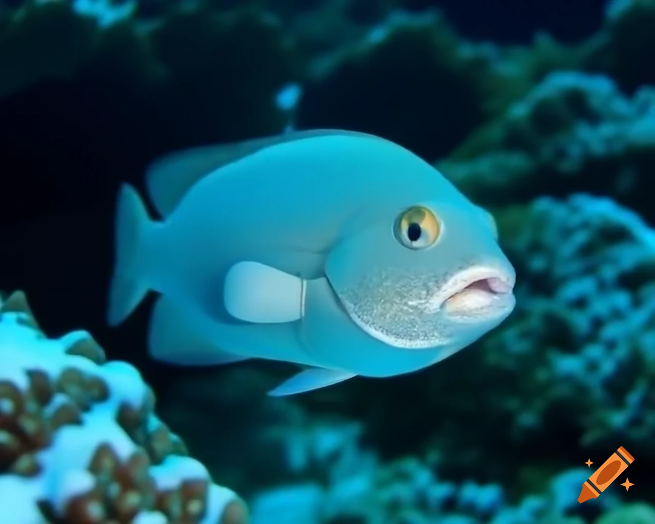 Close-up of a snow fish swimming among snow corals