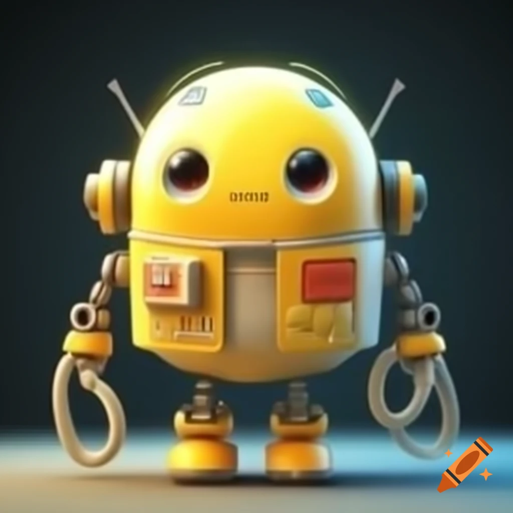 Cute yellow robot with cables wrapping around its body in cartoon style