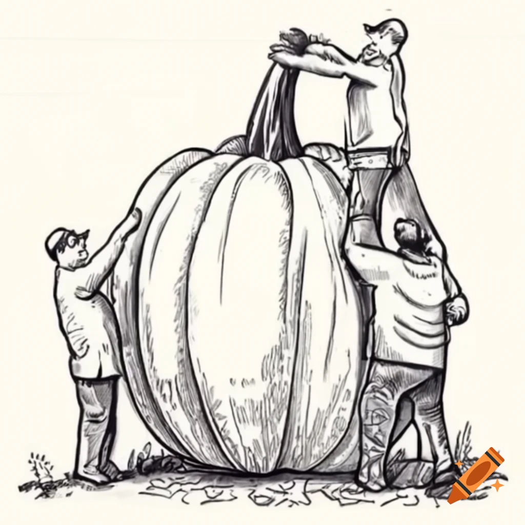 Cartoon of three men lifting giant pumpkin at county fair